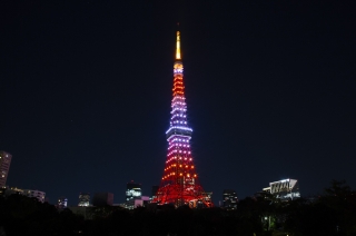 茜色にライトアップされた10月の東京タワー