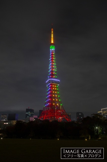 虹色に輝く東京タワー（立皇嗣の礼）のフリー写真素材