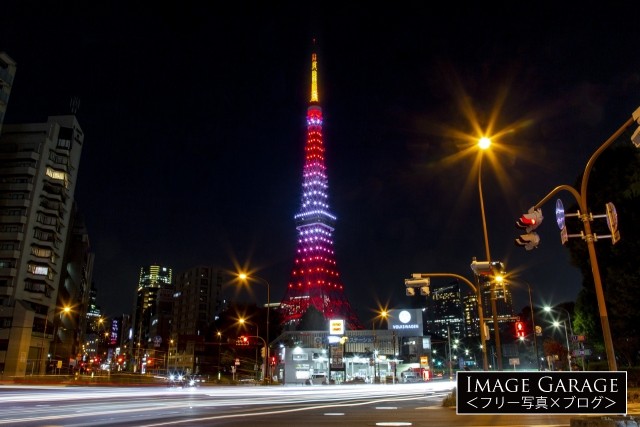 赤羽橋から見た11月・紅葉色の東京タワーのフリー写真素材（無料）