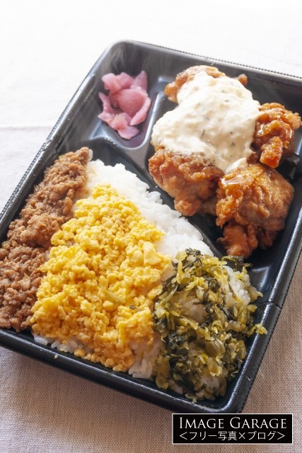 コンビニ弁当（3色そぼろ＆チキン南蛮弁当）のフリー写真素材