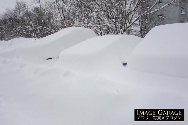 雪に埋もれた車のフリー写真素材（無料