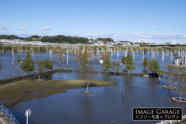 水の入った新横浜公園の多目的遊水池のフリー画像（無料写真素材）