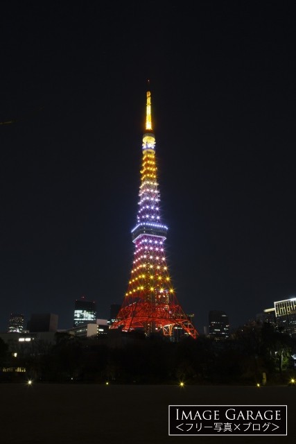 LEDでライトアップされた1月黄金色の東京タワーのフリー写真素材（無料）