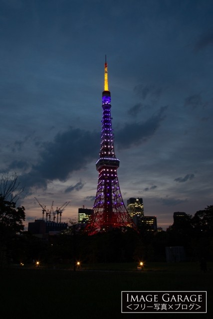 夕暮れの東京タワー 6月藤色 縦 フリー写真有