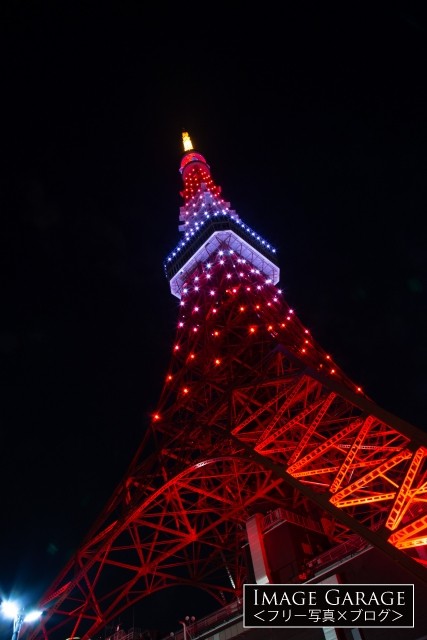 11月茜色の東京タワー（真下から）のフリー画像（無料写真素材）