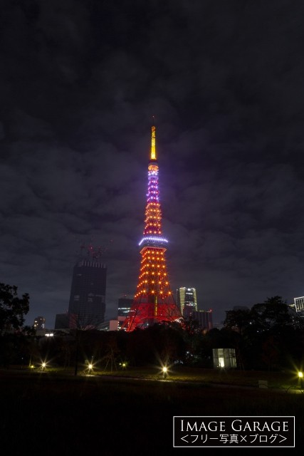 ハロウィンカラーの東京タワー（縦）のフリー画像（無料写真素材）
