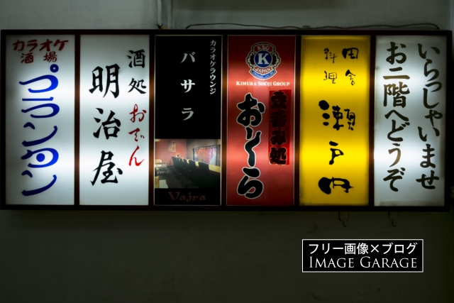 旧綱島駅ビル・飲み屋の電飾看板のフリー写真素材（無料画像）