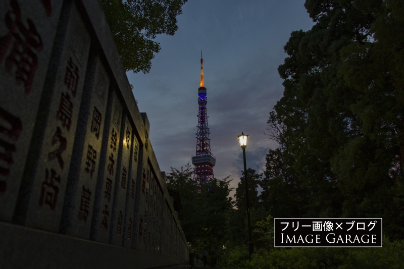 夕暮れの東京タワー（熊野神社前）のフリー写真素材（無料画像）