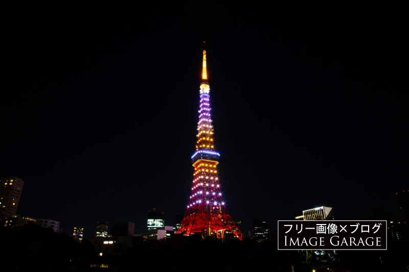 東京タワーのライトアップ（1月黄金色LED）のフリー写真素材（無料画像）