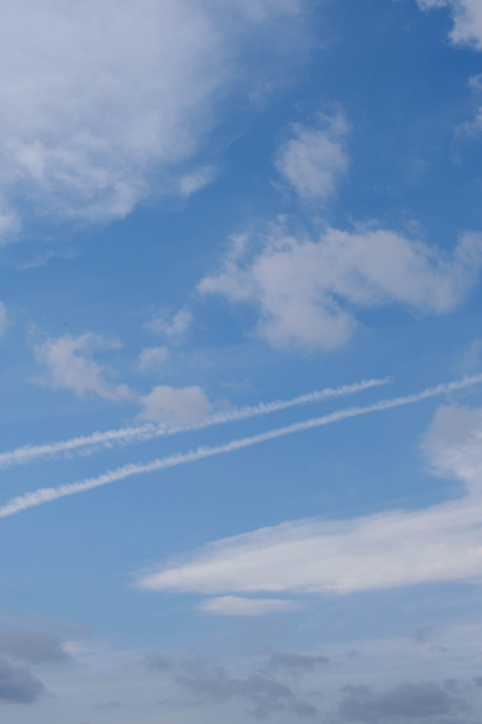 飛行機雲がある青空（縦）のフリー写真素材
